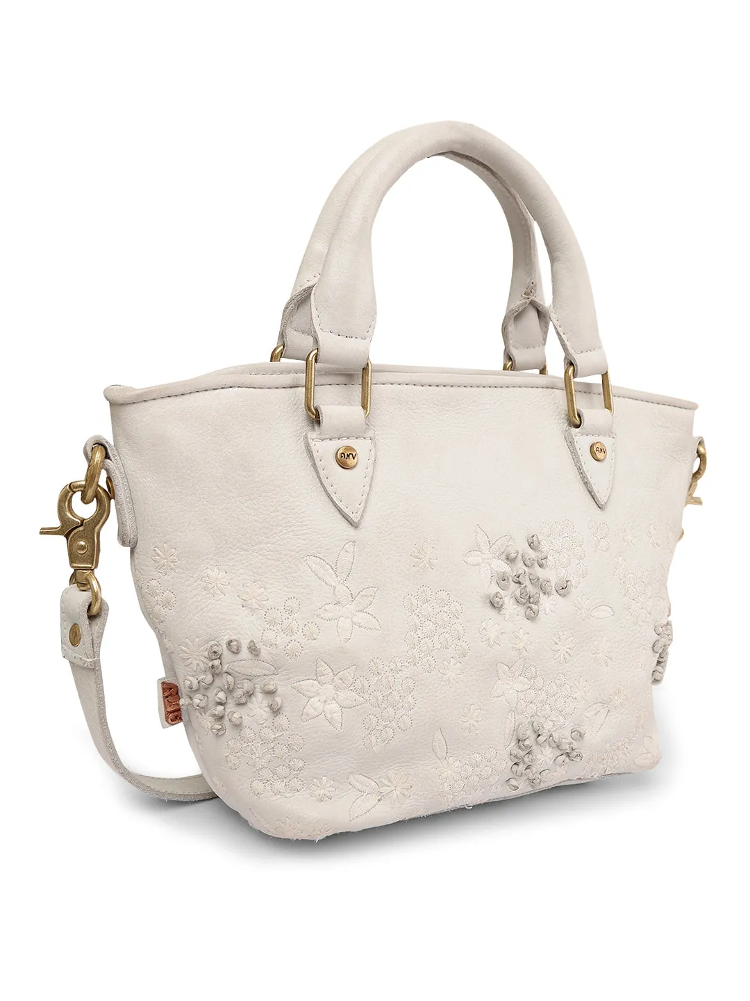 Floral Bliss: White Leather Mini Tote bag with Flower Embroidery