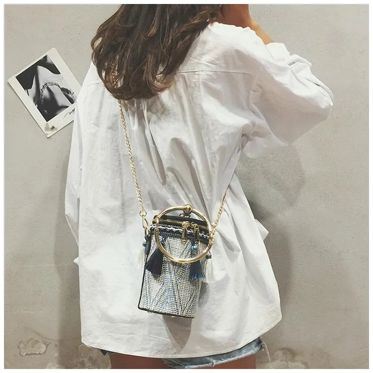 Fringe Barrel Chain Crossbody Woven Bag