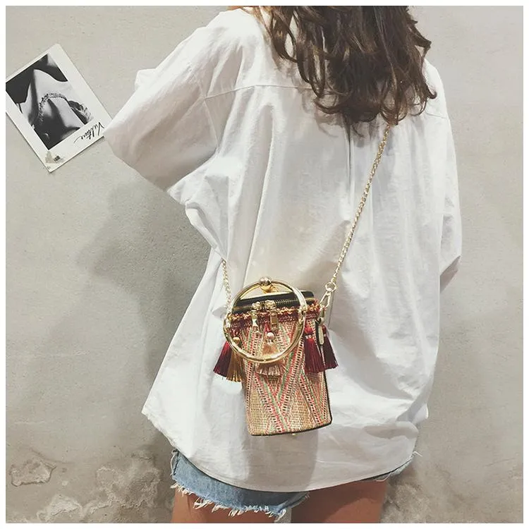 Fringe Barrel Chain Crossbody Woven Bag