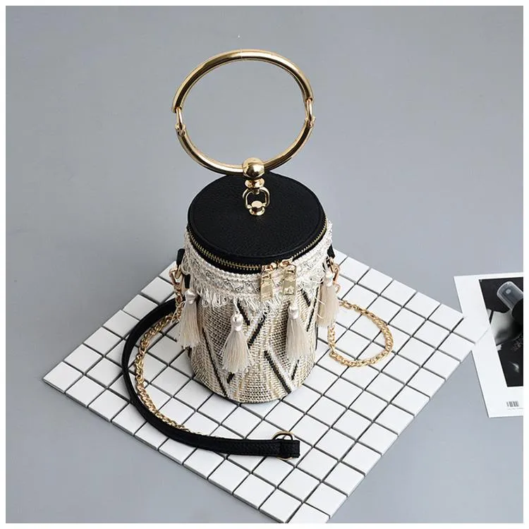 Fringe Barrel Chain Crossbody Woven Bag