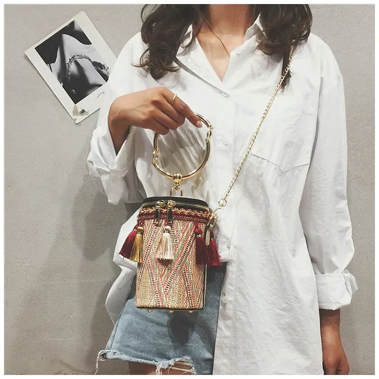 Fringe Barrel Chain Crossbody Woven Bag