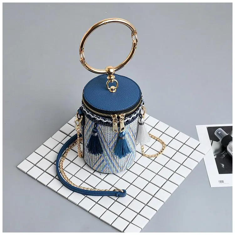 Fringe Barrel Chain Crossbody Woven Bag