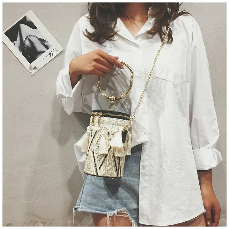 Fringe Barrel Chain Crossbody Woven Bag