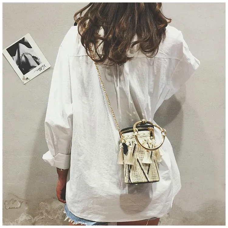 Fringe Barrel Chain Crossbody Woven Bag