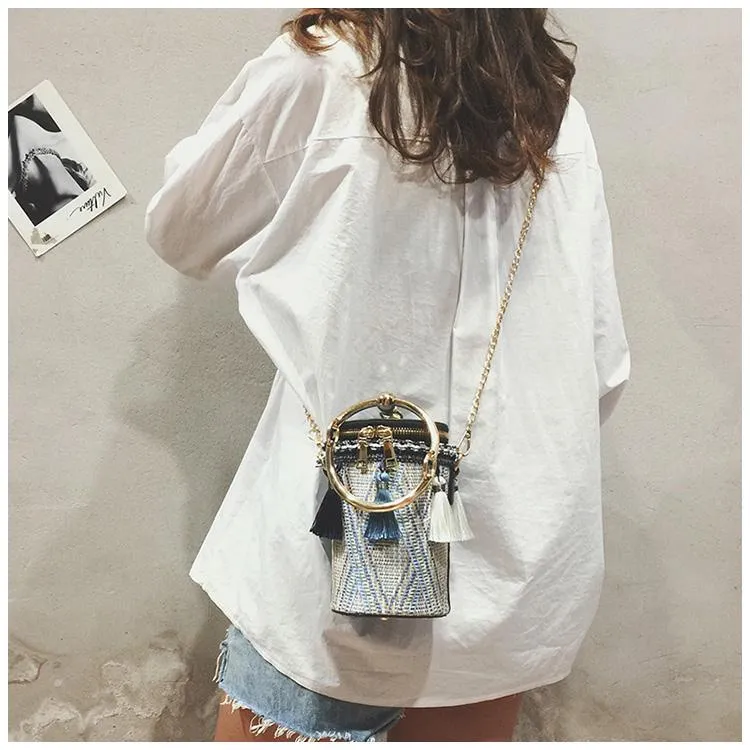 Fringe Barrel Chain Crossbody Woven Bag