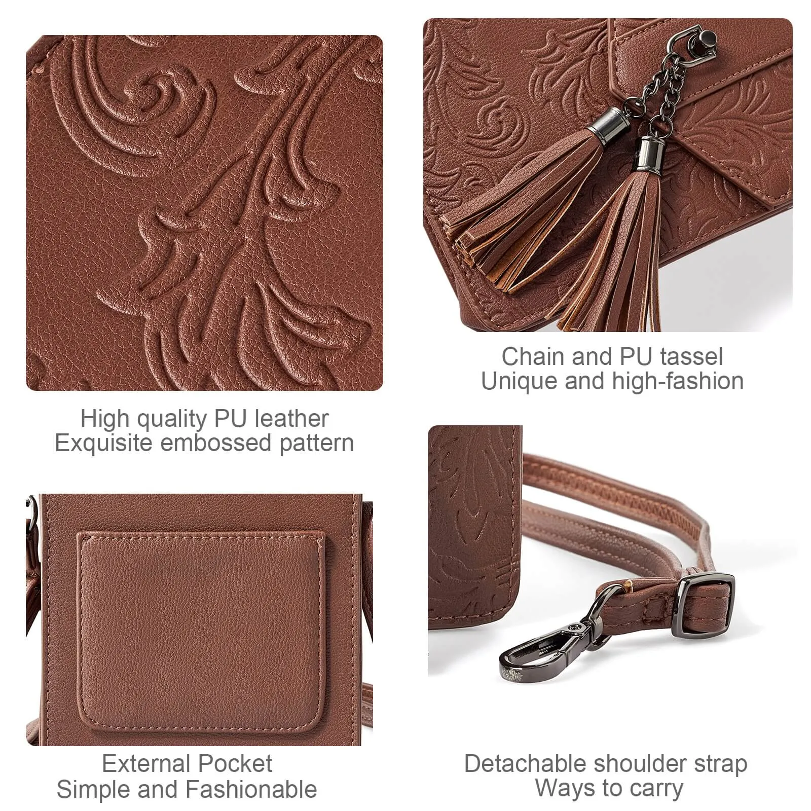 Fringe decorated orchid embossed Shoulder Bag-COFFEE