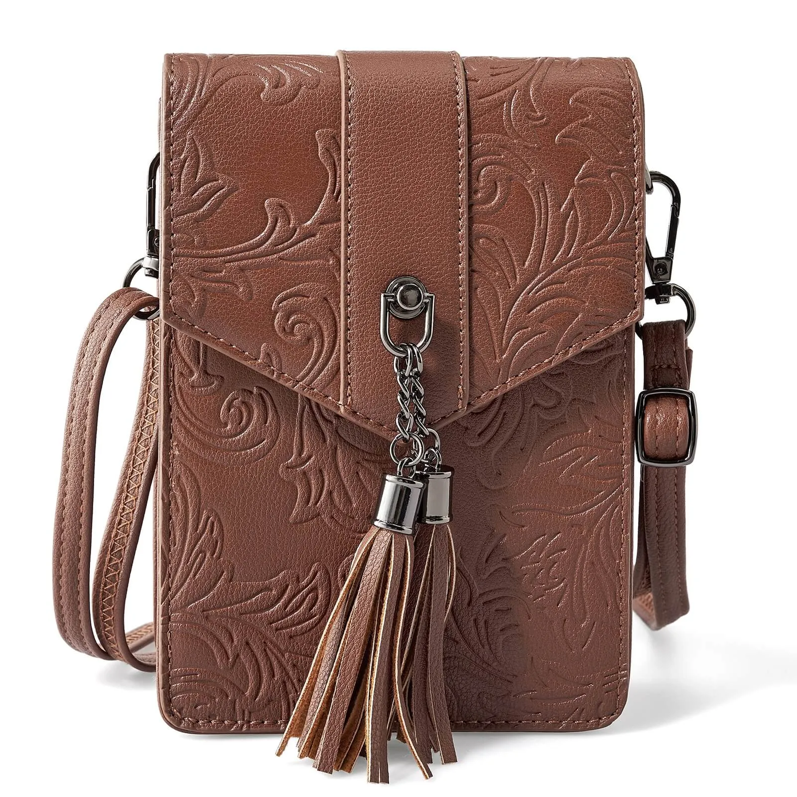 Fringe decorated orchid embossed Shoulder Bag-COFFEE