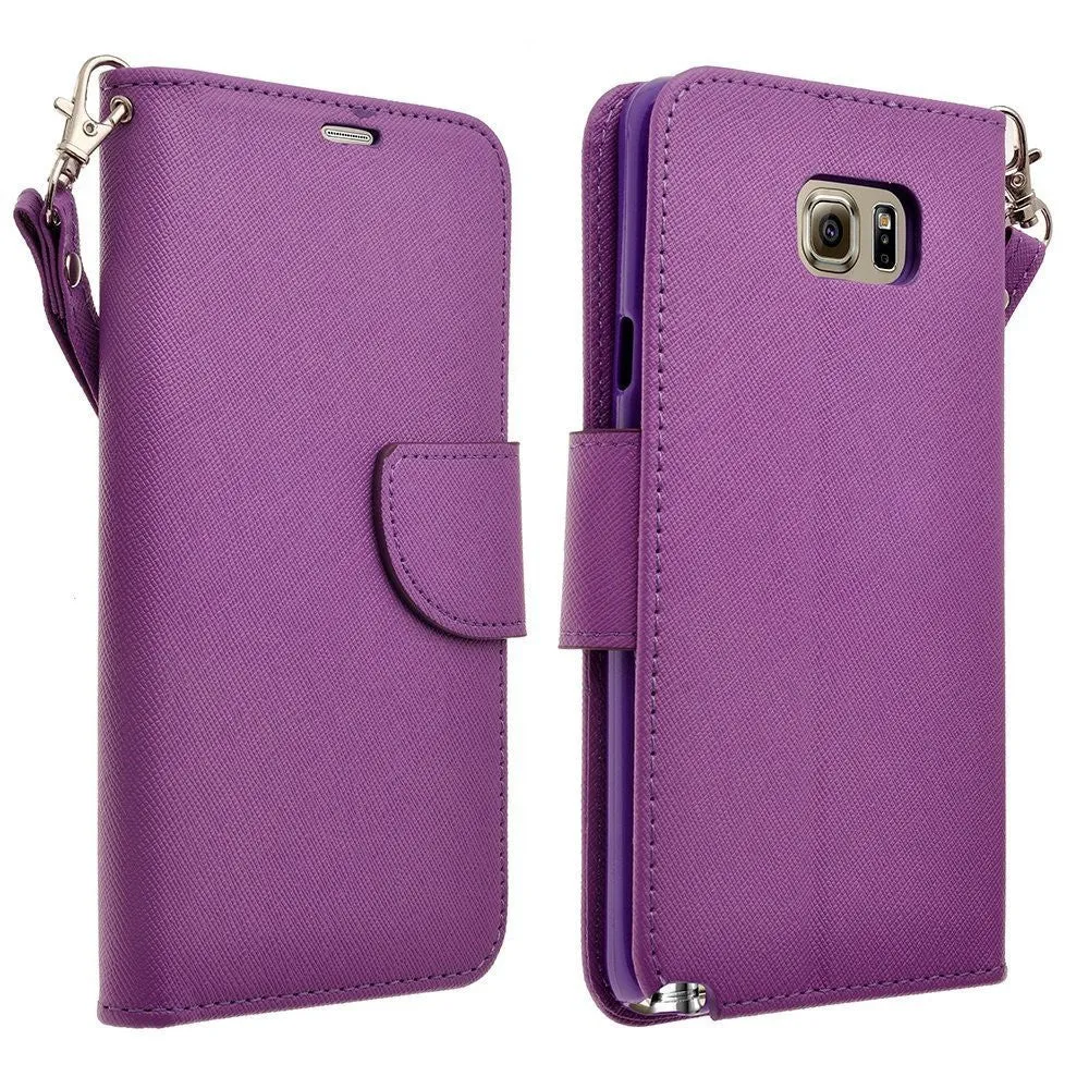 Galaxy Note 5 Case, Wrist Strap Magnetic Fold[Kickstand] Pu Leather Wallet Case with ID & Credit Card Slots for Samsung Galaxy Note 5 - Purple