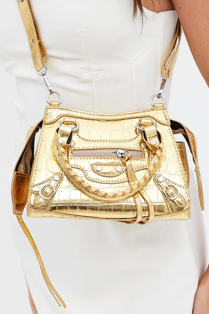 Gold Croc Top Handle Crossbody Bag