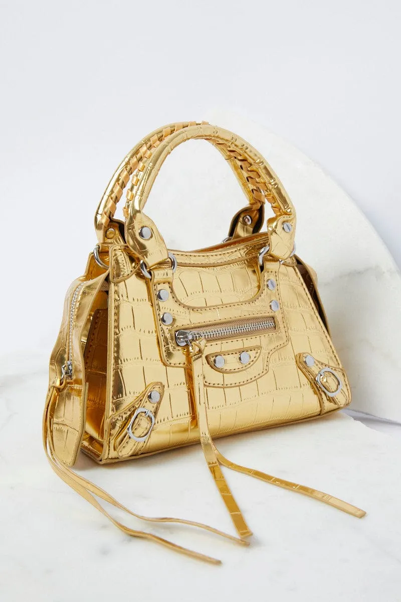 Gold Croc Top Handle Crossbody Bag