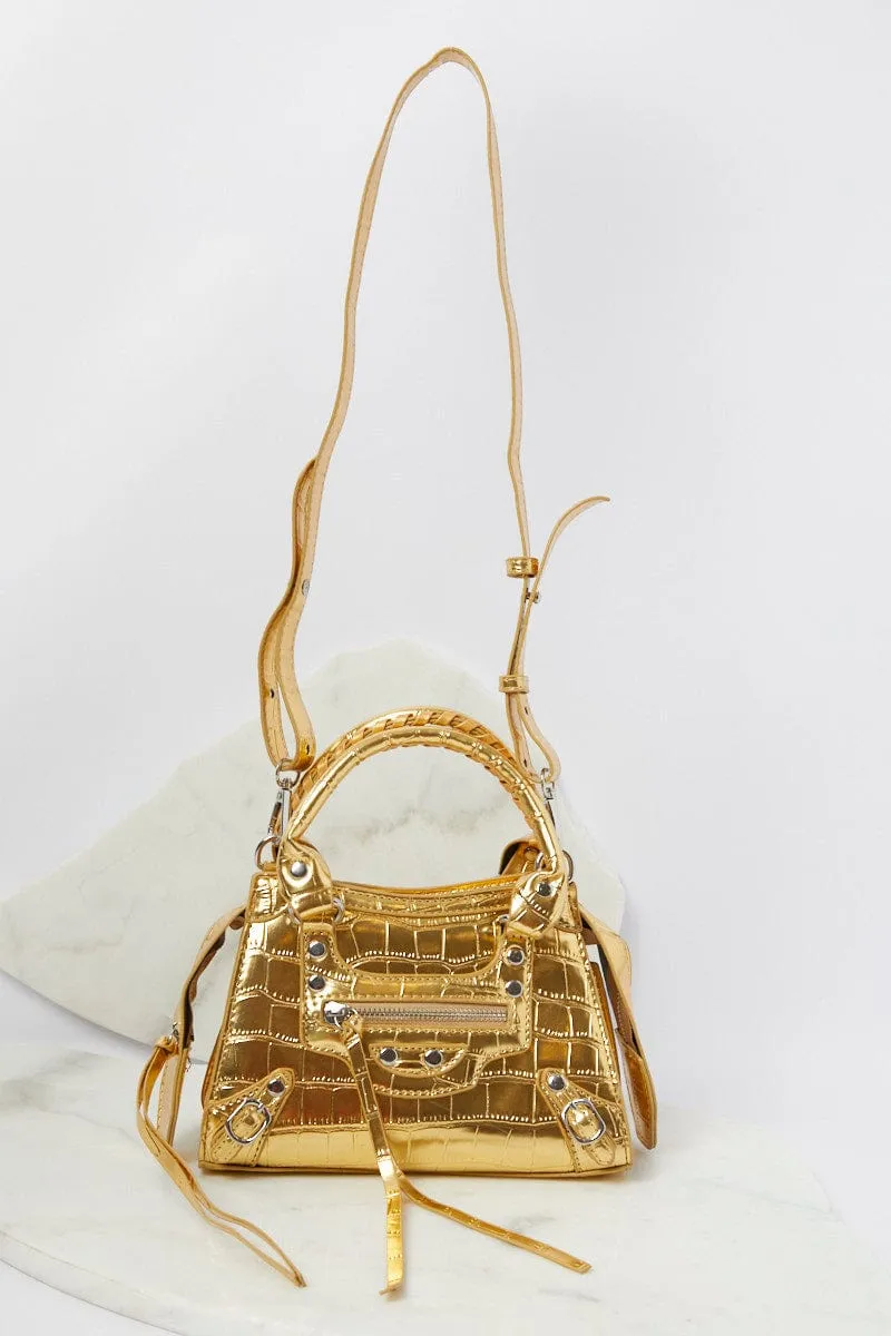 Gold Croc Top Handle Crossbody Bag