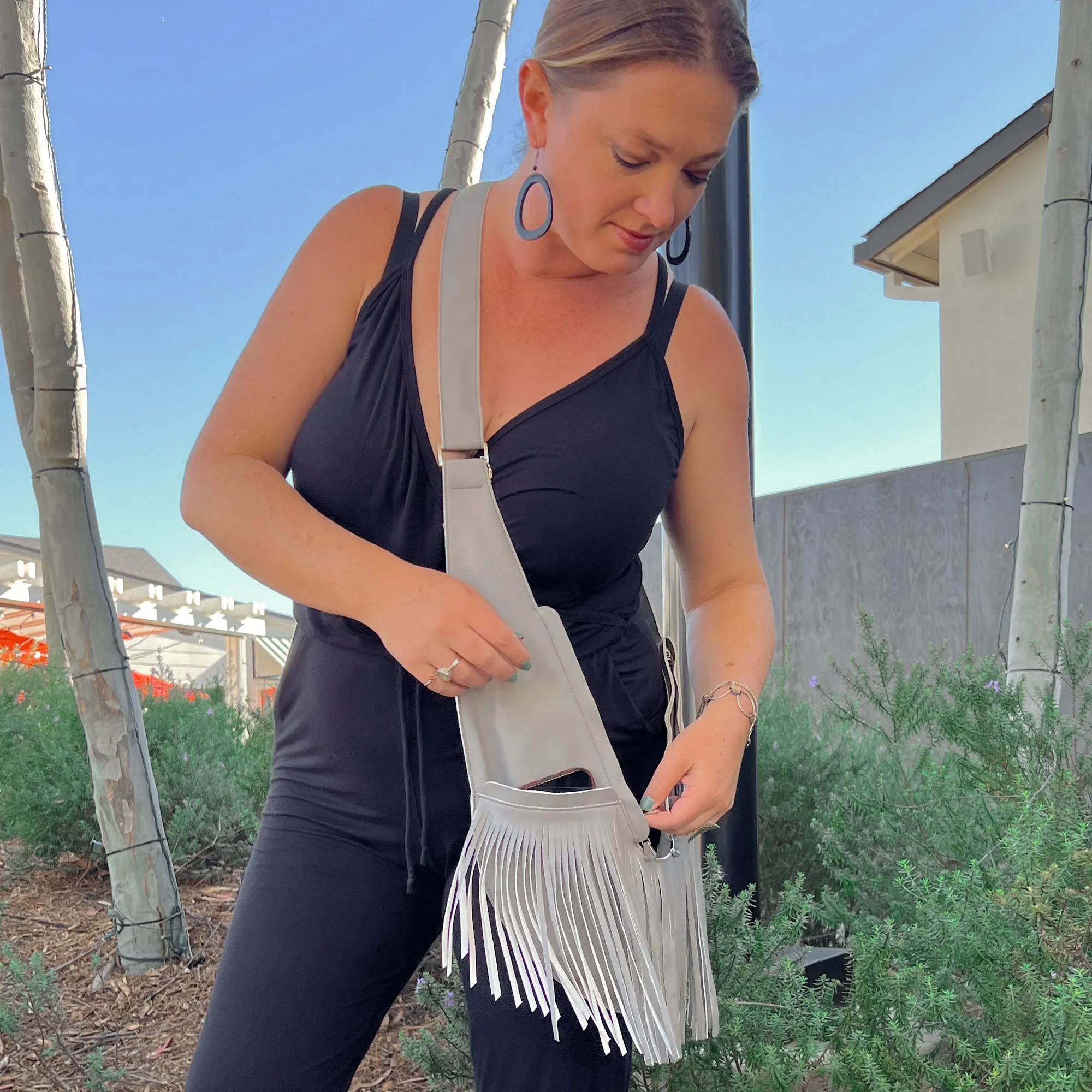 Gray Faux Leather Fringe Sash Bag