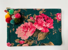 Green with pink floral velvet pouch