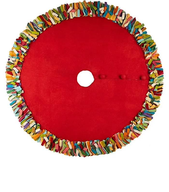 Hand Felted Wool Christmas Tree Skirt - Multicolor Fringe Border On Red - 64"