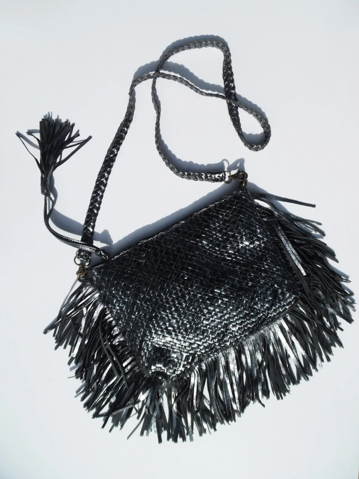 Hand Woven Leather Clutch With Fringe And Tassel - Crossbody Strap