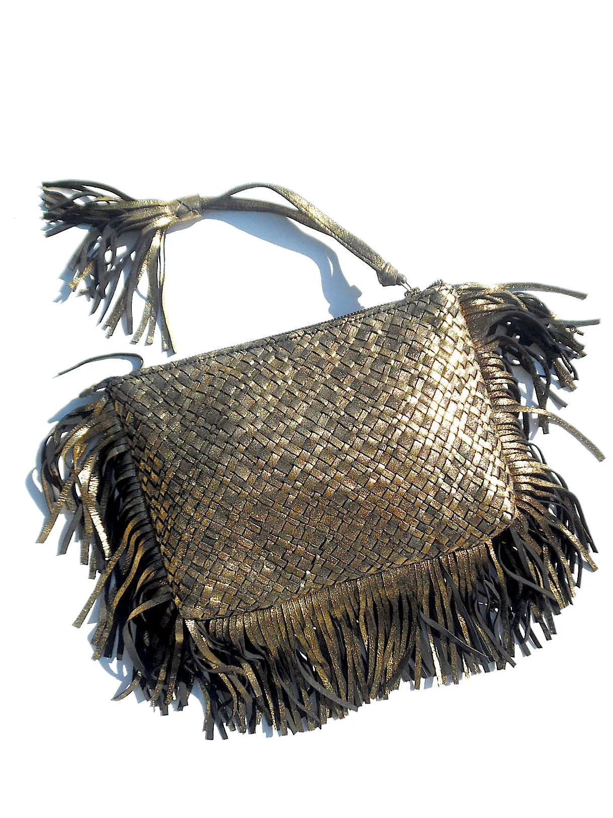 Hand Woven Leather Clutch With Fringe And Tassel - Crossbody Strap