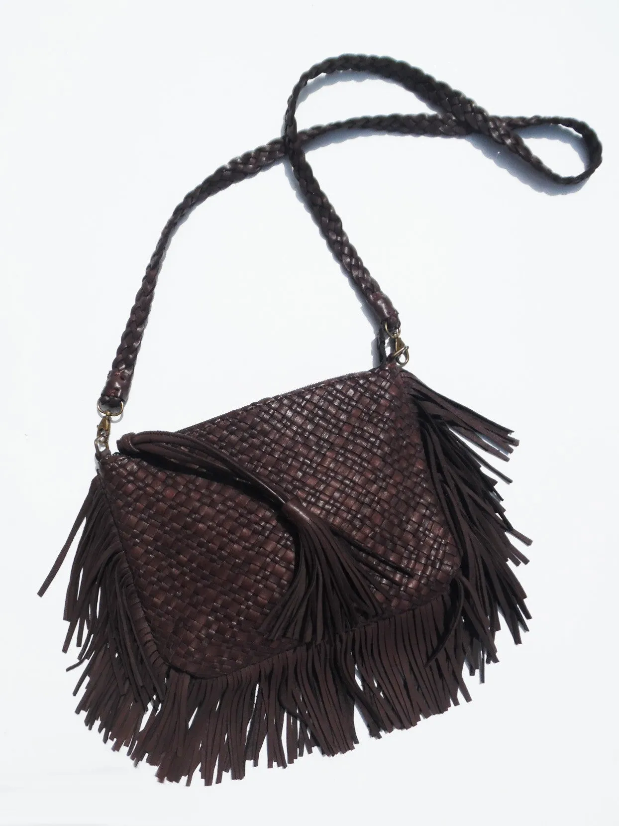 Hand Woven Leather Clutch With Fringe And Tassel - Crossbody Strap