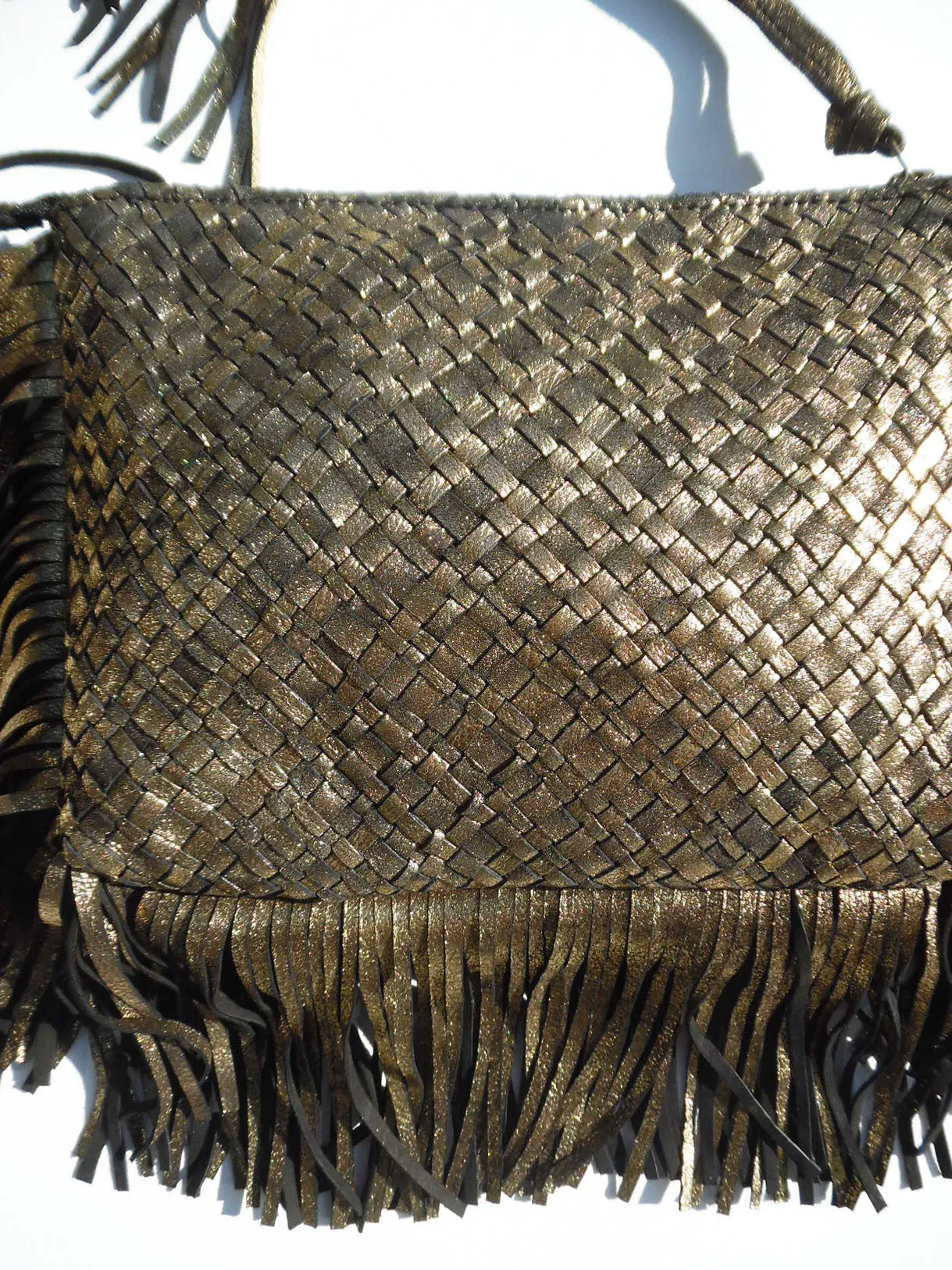 Hand Woven Leather Clutch With Fringe And Tassel - Crossbody Strap