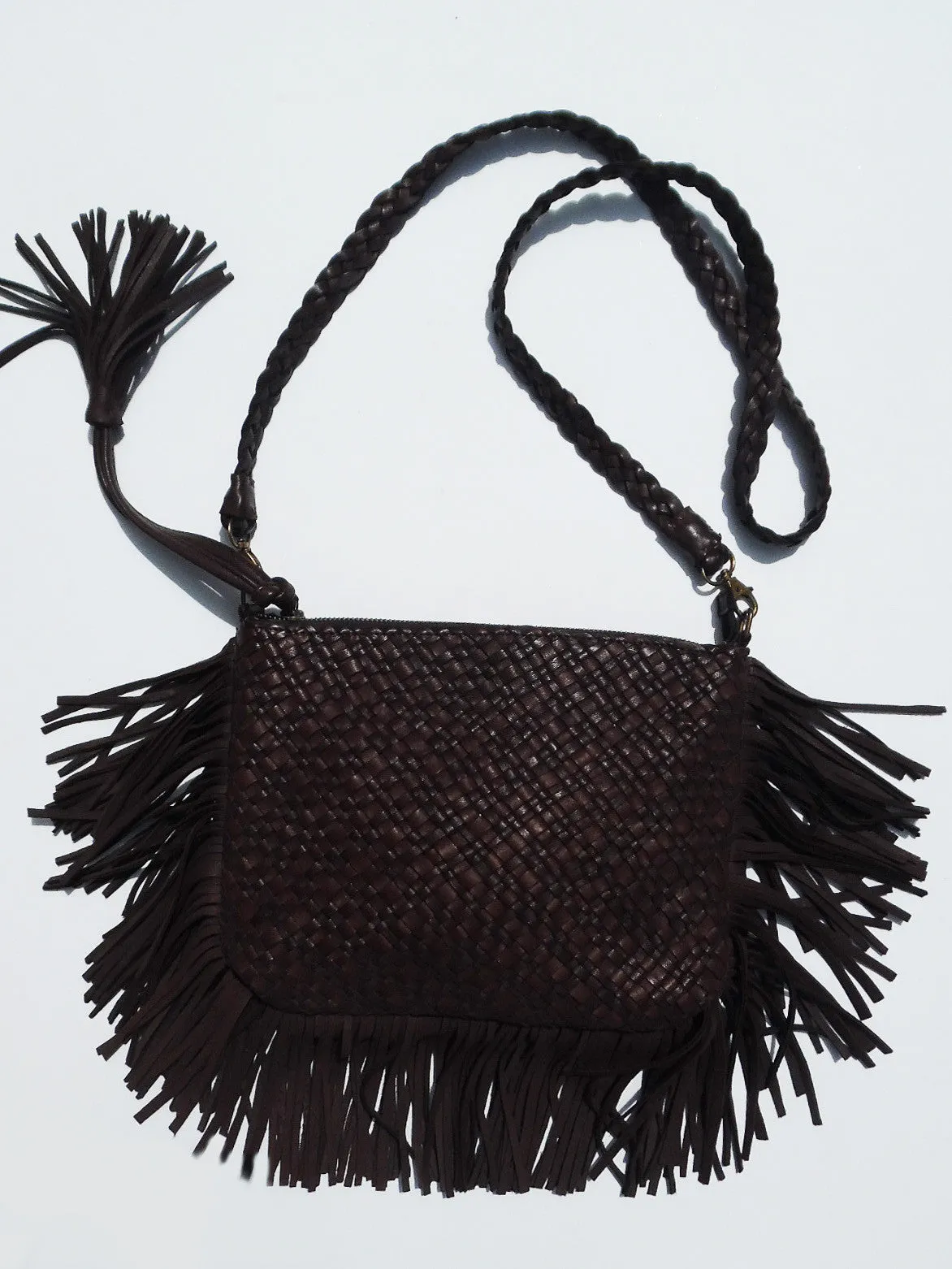 Hand Woven Leather Clutch With Fringe And Tassel - Crossbody Strap