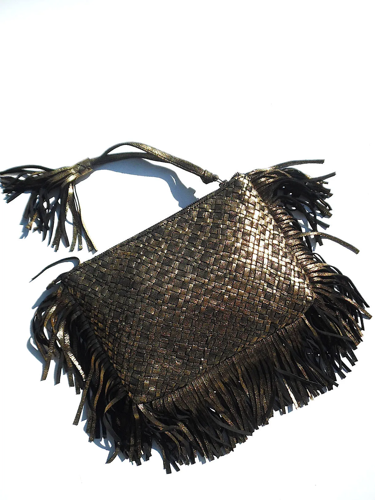 Hand Woven Leather Clutch With Fringe And Tassel - Crossbody Strap