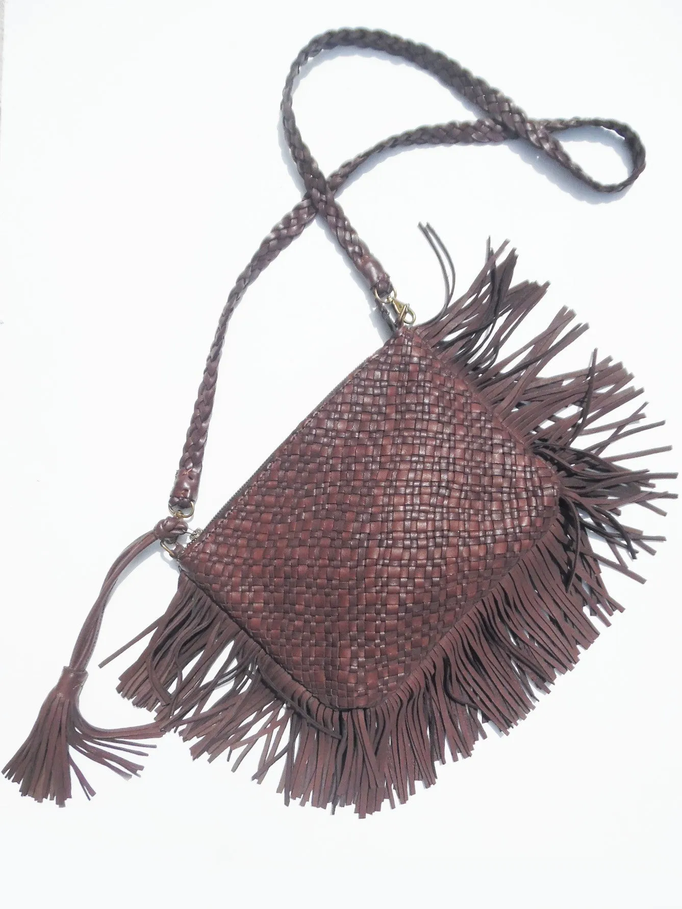 Hand Woven Leather Clutch With Fringe And Tassel - Crossbody Strap