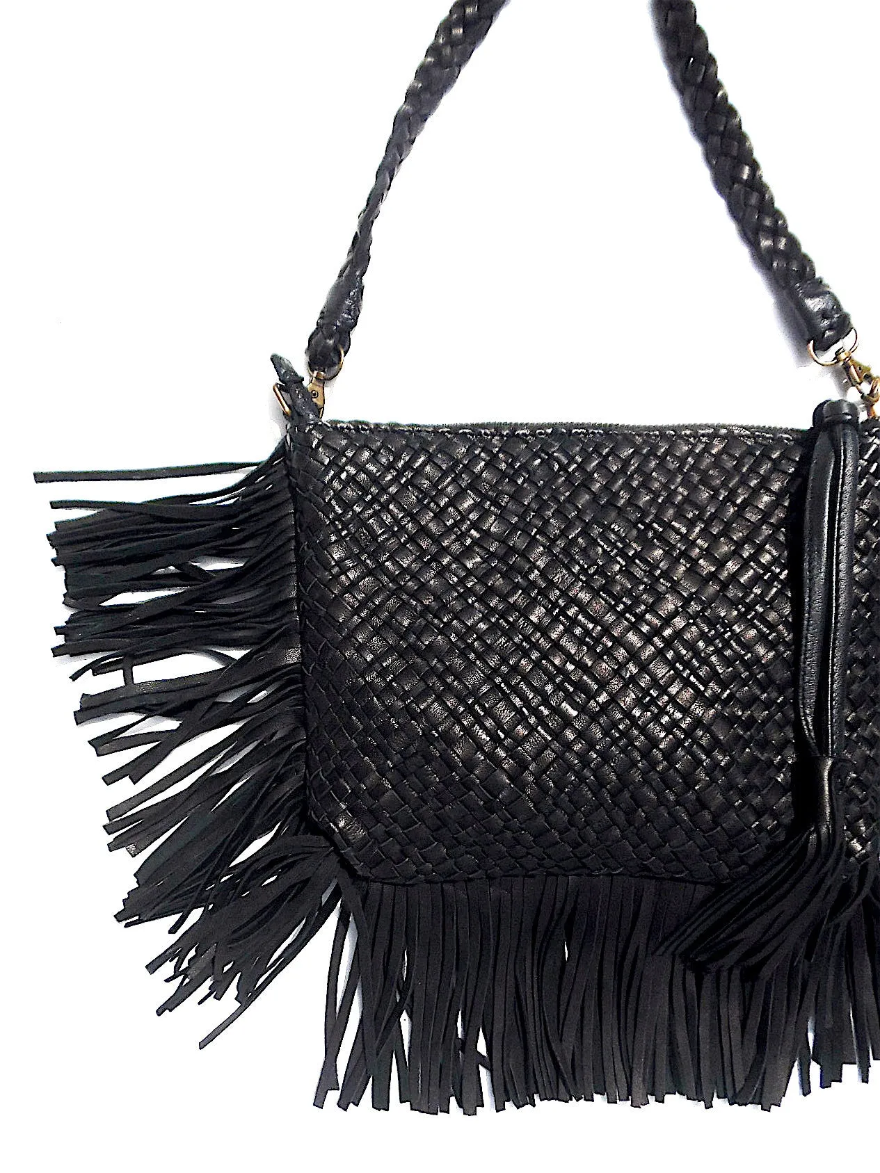 Hand Woven Leather Clutch With Fringe And Tassel - Crossbody Strap