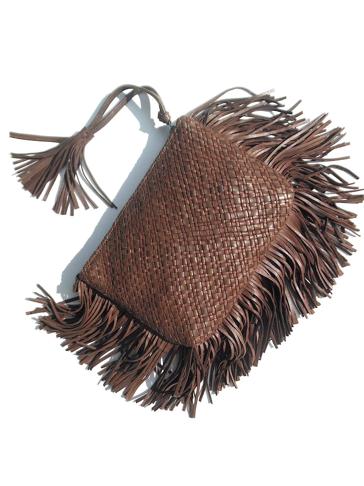 Hand Woven Leather Clutch With Fringe And Tassel - Crossbody Strap