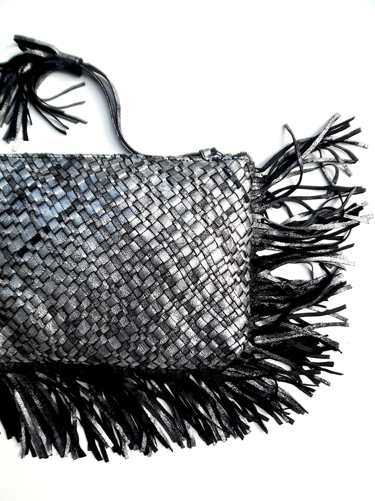 Hand Woven Leather Clutch With Fringe And Tassel - Crossbody Strap