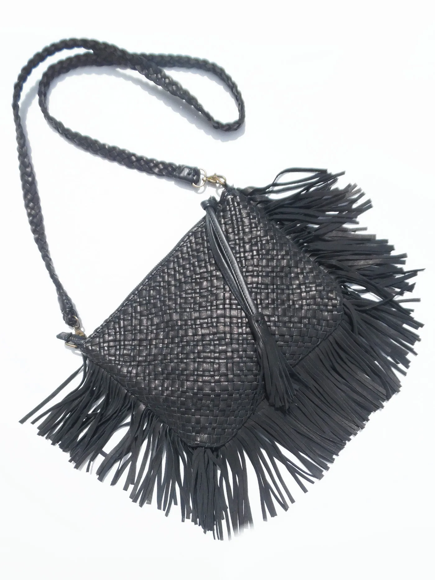 Hand Woven Leather Clutch With Fringe And Tassel - Crossbody Strap