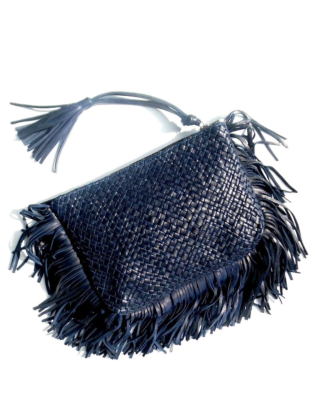 Hand Woven Leather Clutch With Fringe And Tassel - Crossbody Strap