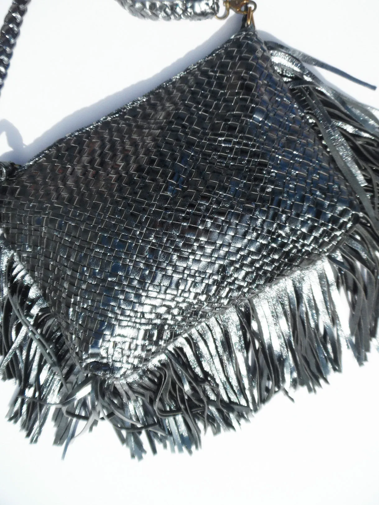 Hand Woven Leather Clutch With Fringe And Tassel - Crossbody Strap