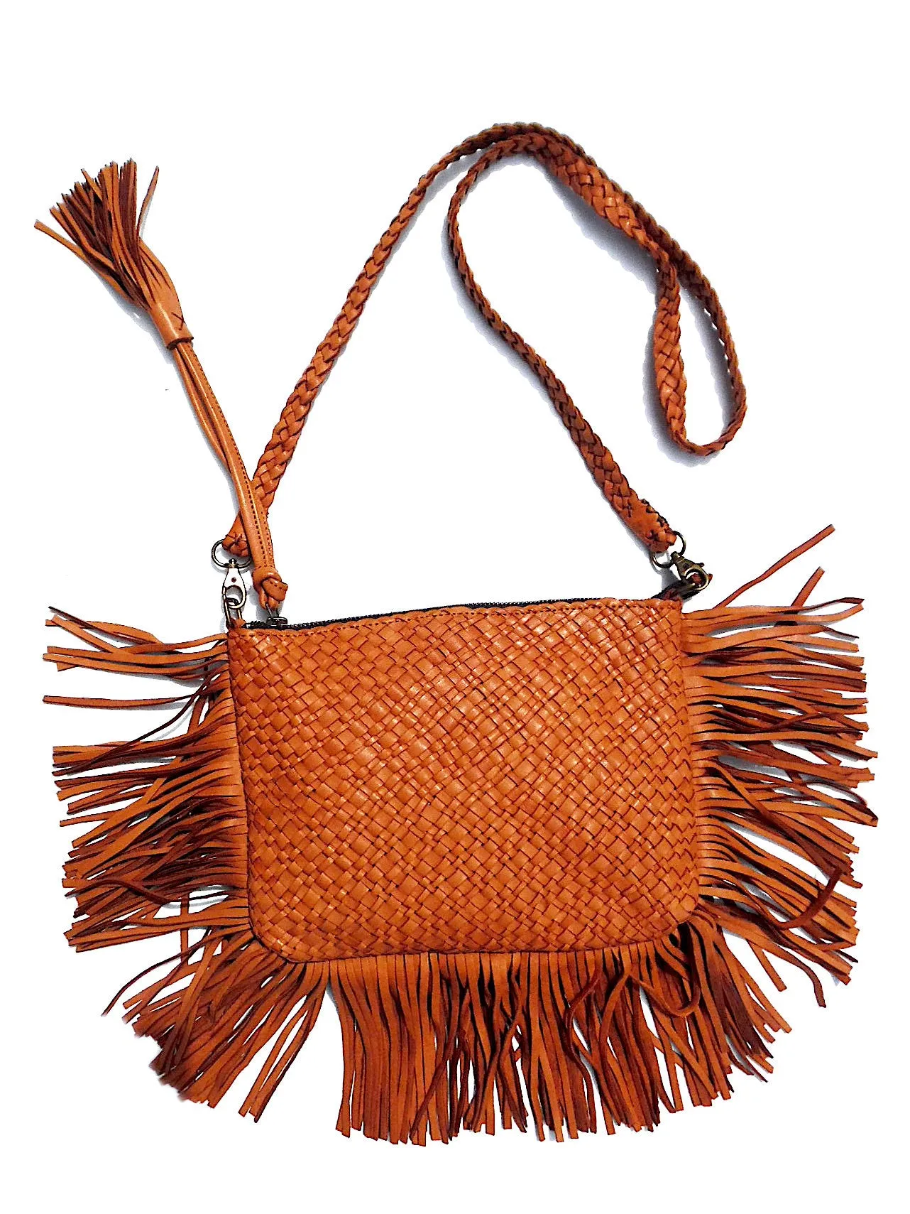 Hand Woven Leather Clutch With Fringe And Tassel - Crossbody Strap