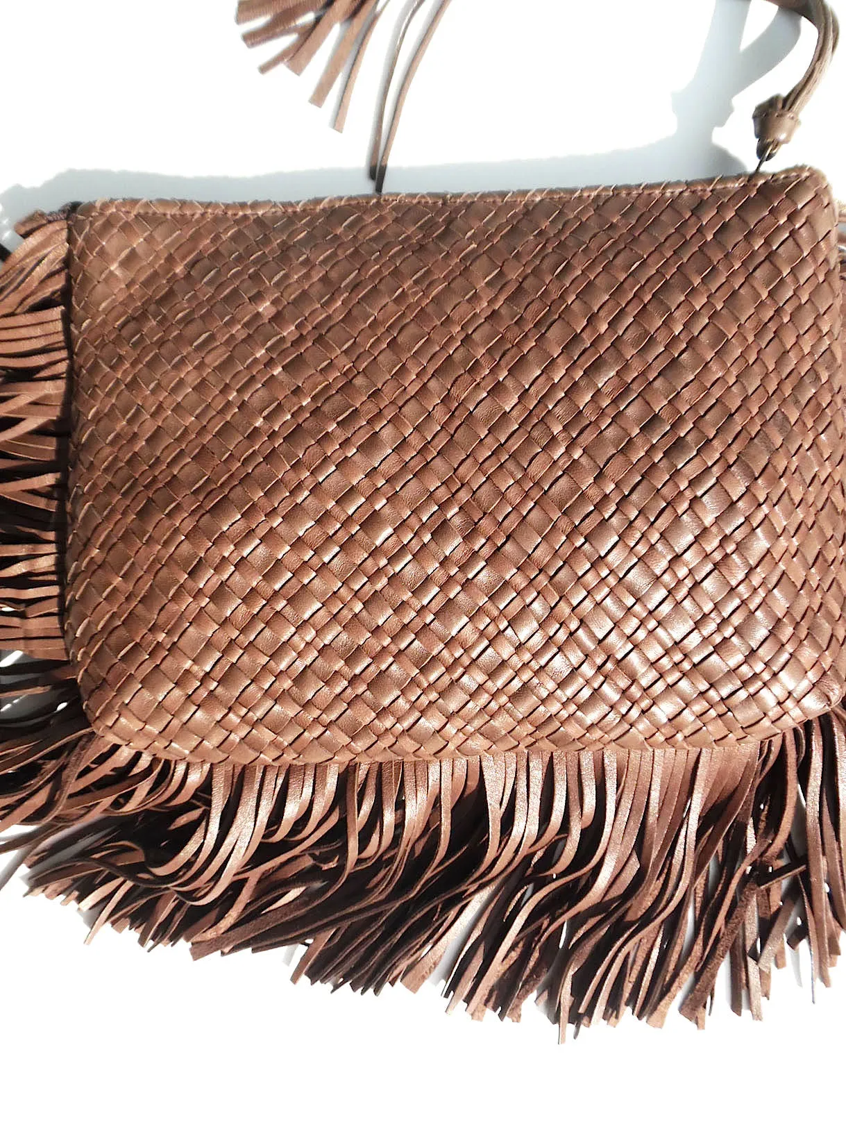 Hand Woven Leather Clutch With Fringe And Tassel - Crossbody Strap