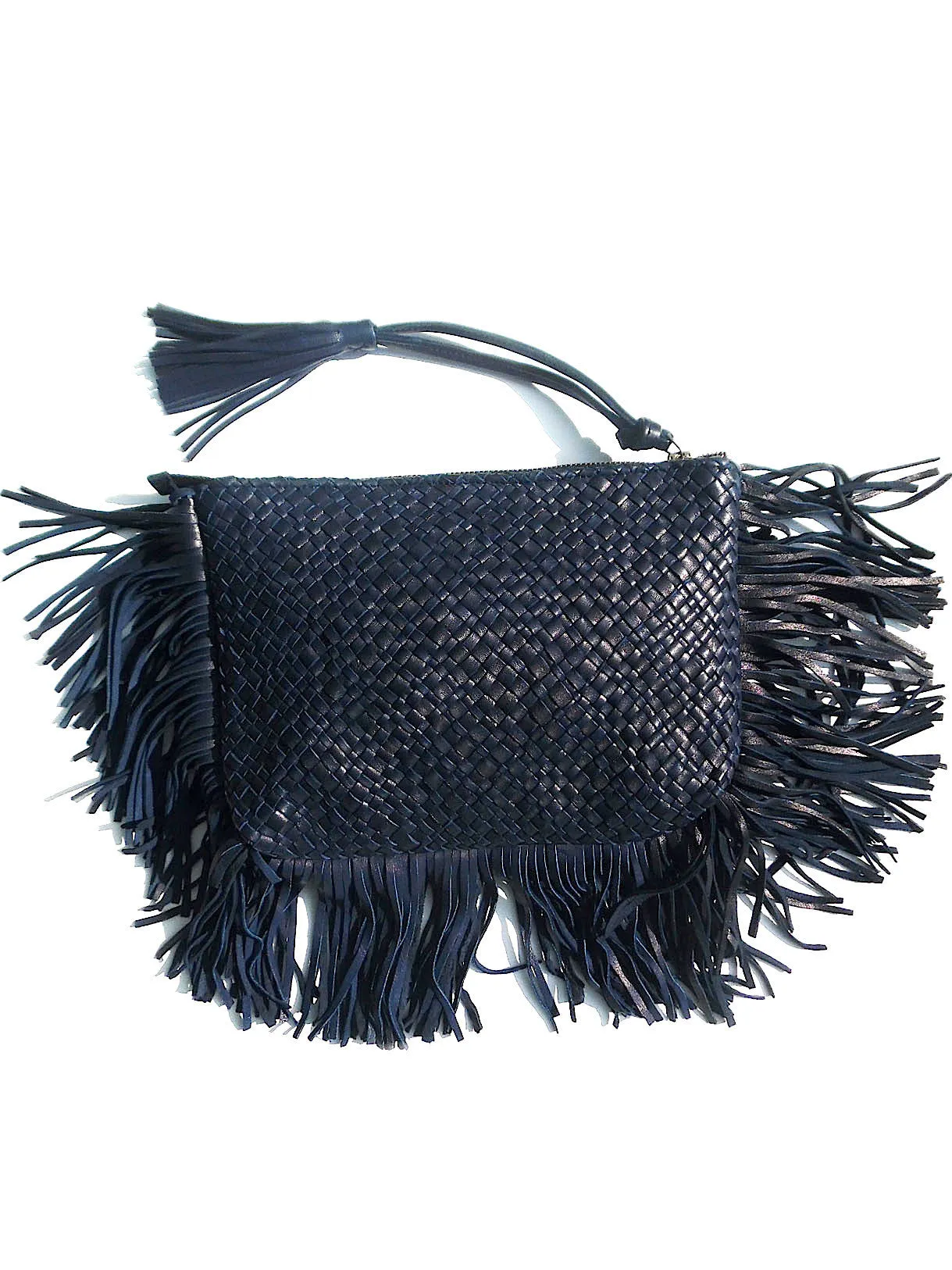 Hand Woven Leather Clutch With Fringe And Tassel - Crossbody Strap