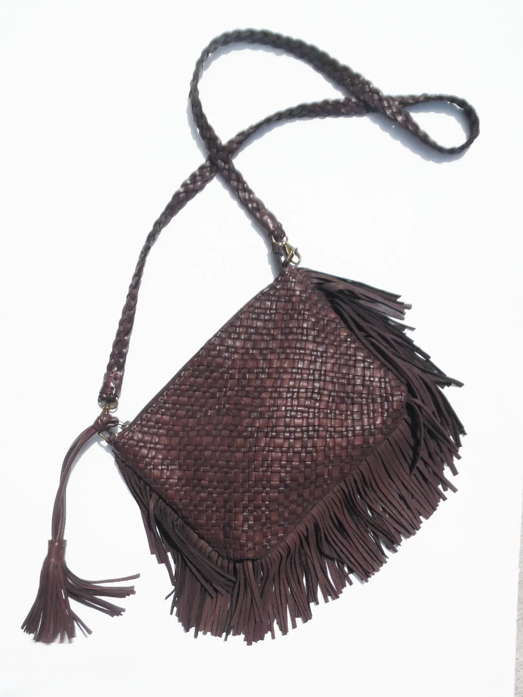 Hand Woven Leather Clutch With Fringe And Tassel - Crossbody Strap