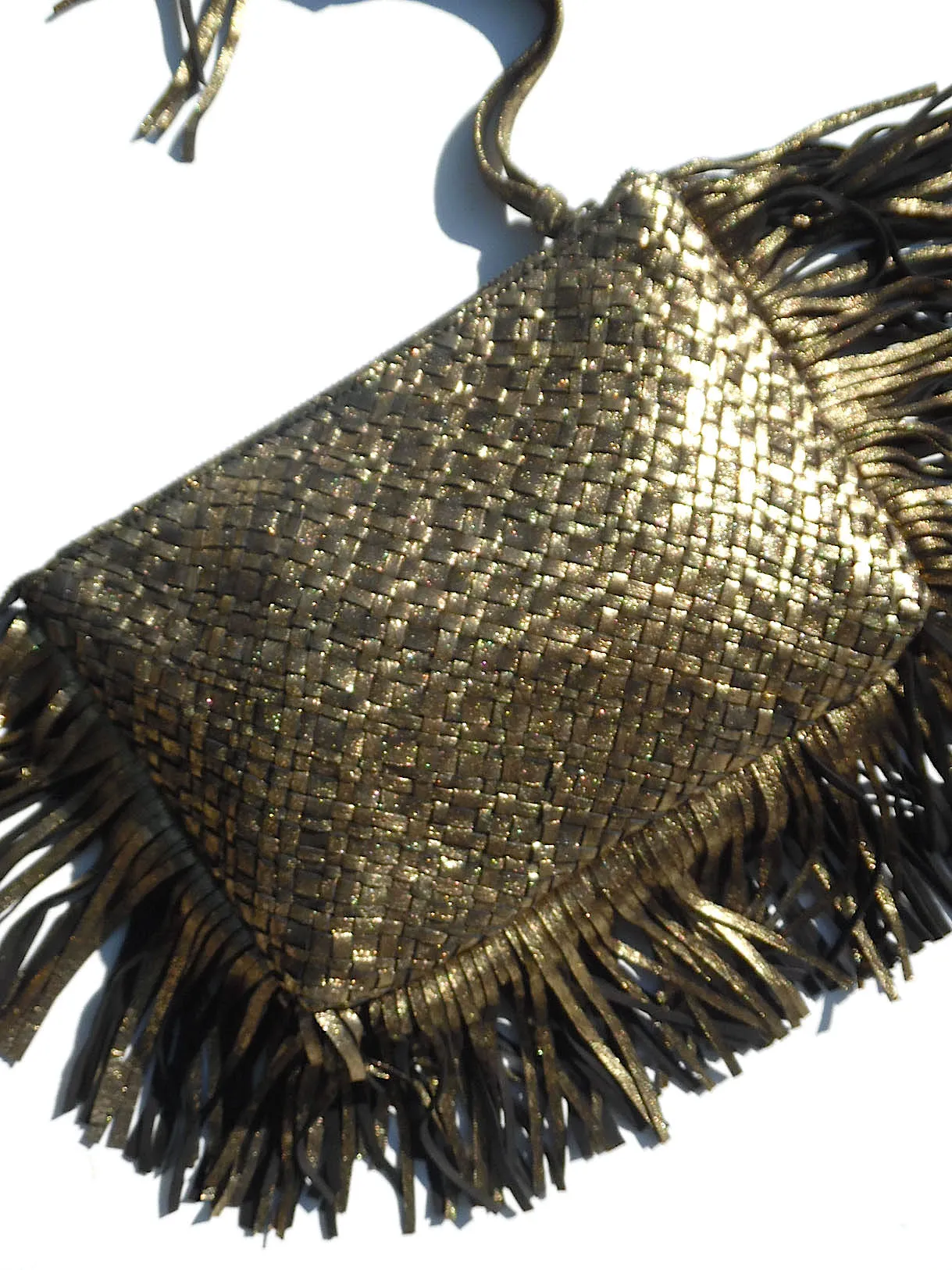 Hand Woven Leather Clutch With Fringe And Tassel Metallic - Crossbody Strap