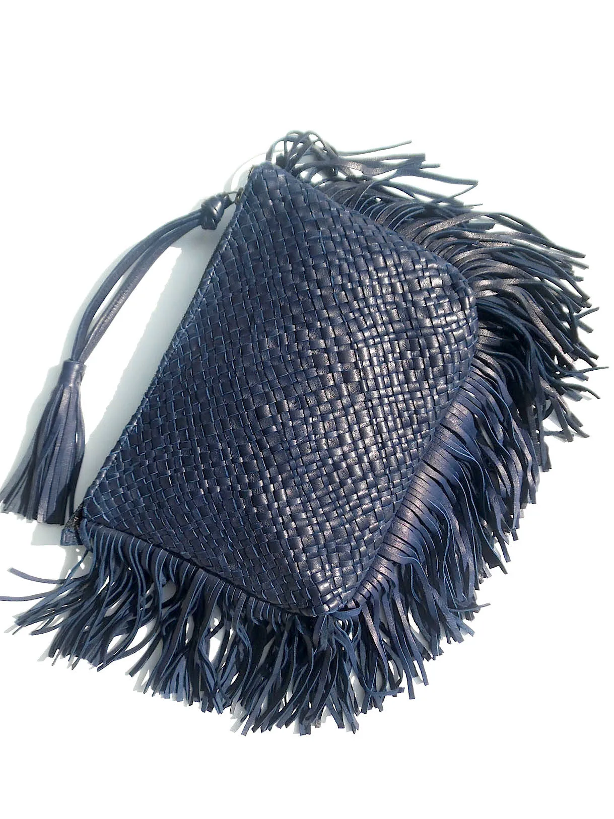 Hand Woven Leather Clutch With Fringe And Tassel Metallic - Crossbody Strap