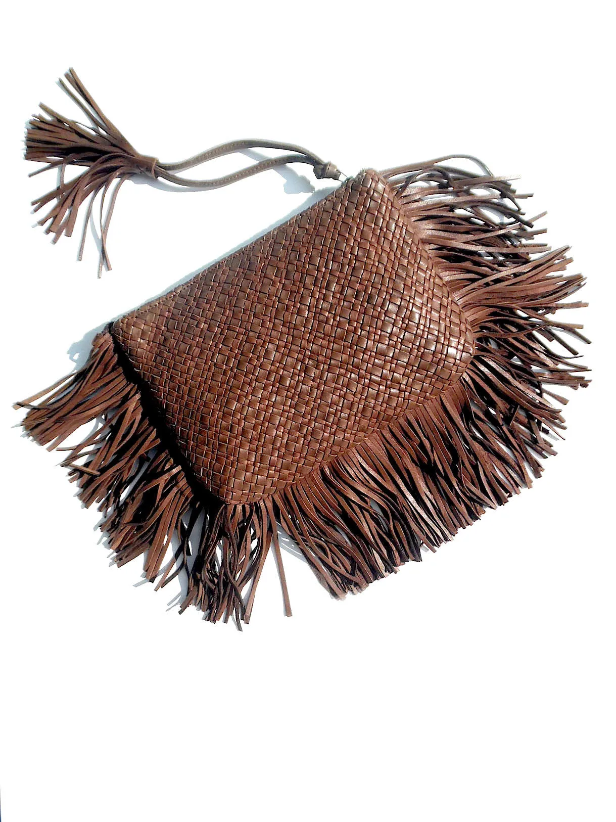 Hand Woven Leather Clutch With Fringe And Tassel