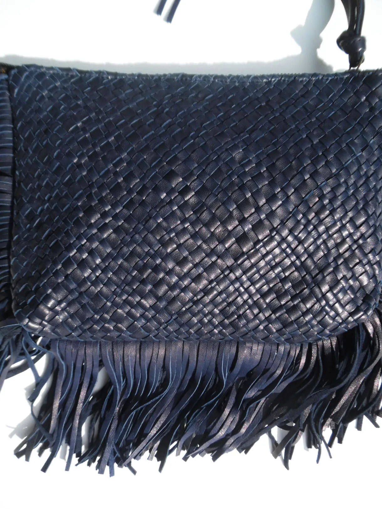 Hand Woven Leather Clutch With Fringe And Tassel