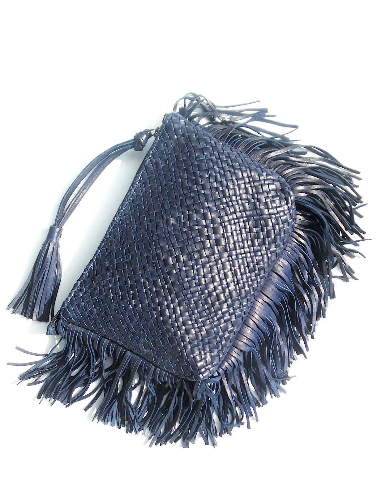 Hand Woven Leather Clutch With Fringe And Tassel