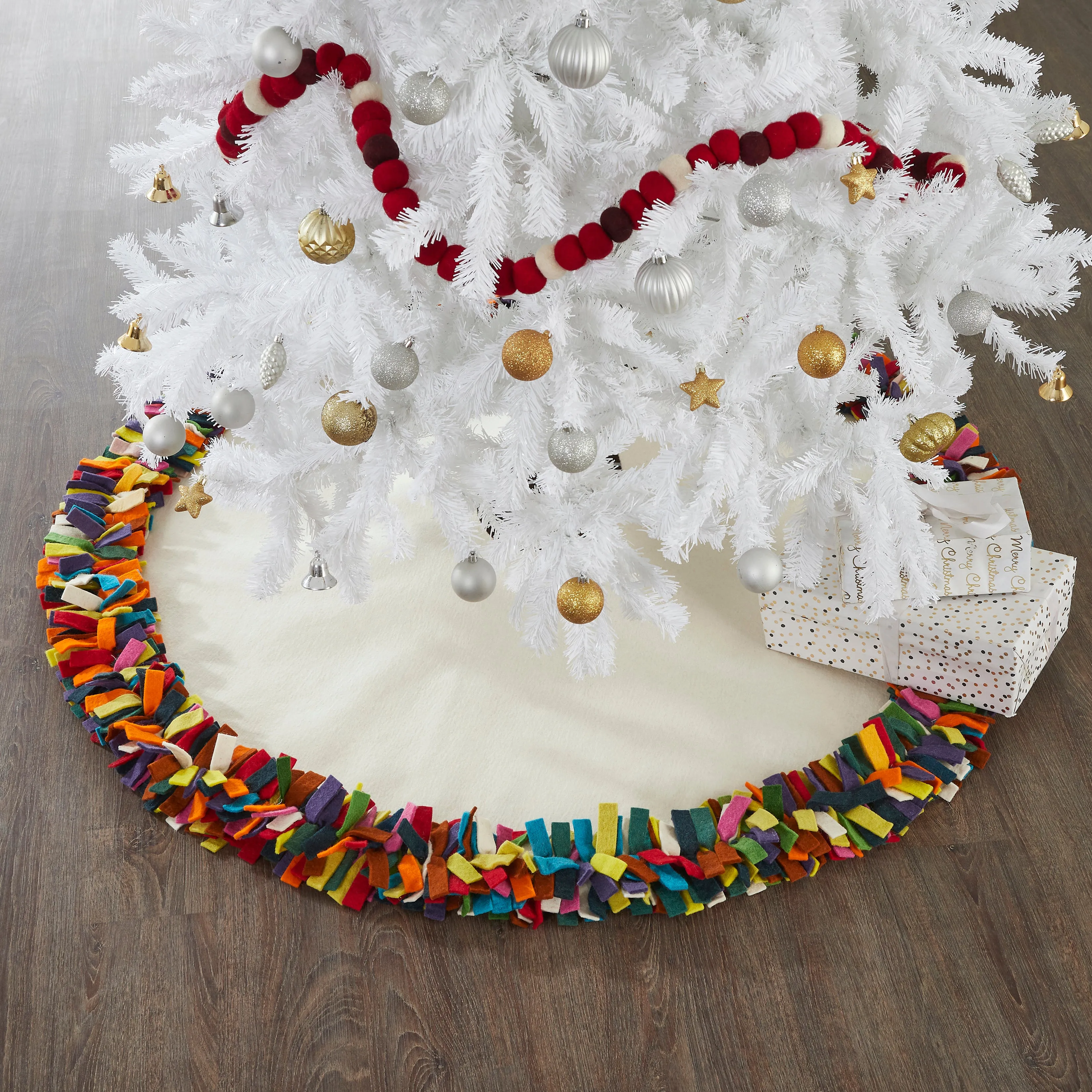 Handmade Felt Christmas Tree Skirt - Multicolor Fringe Border on Cream - 51"/64"