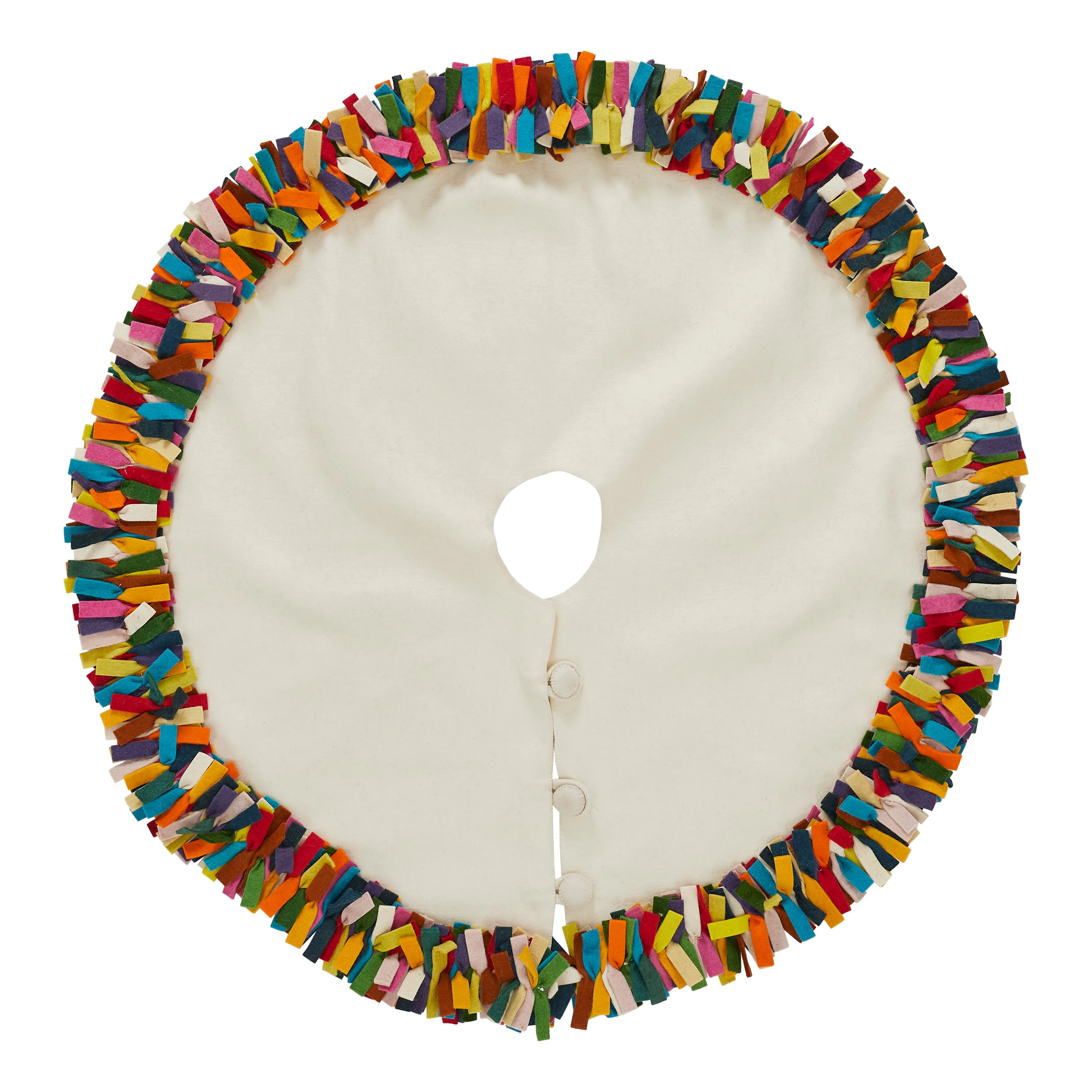 Handmade Felt Christmas Tree Skirt - Multicolor Fringe Border on Cream - 51"/64"