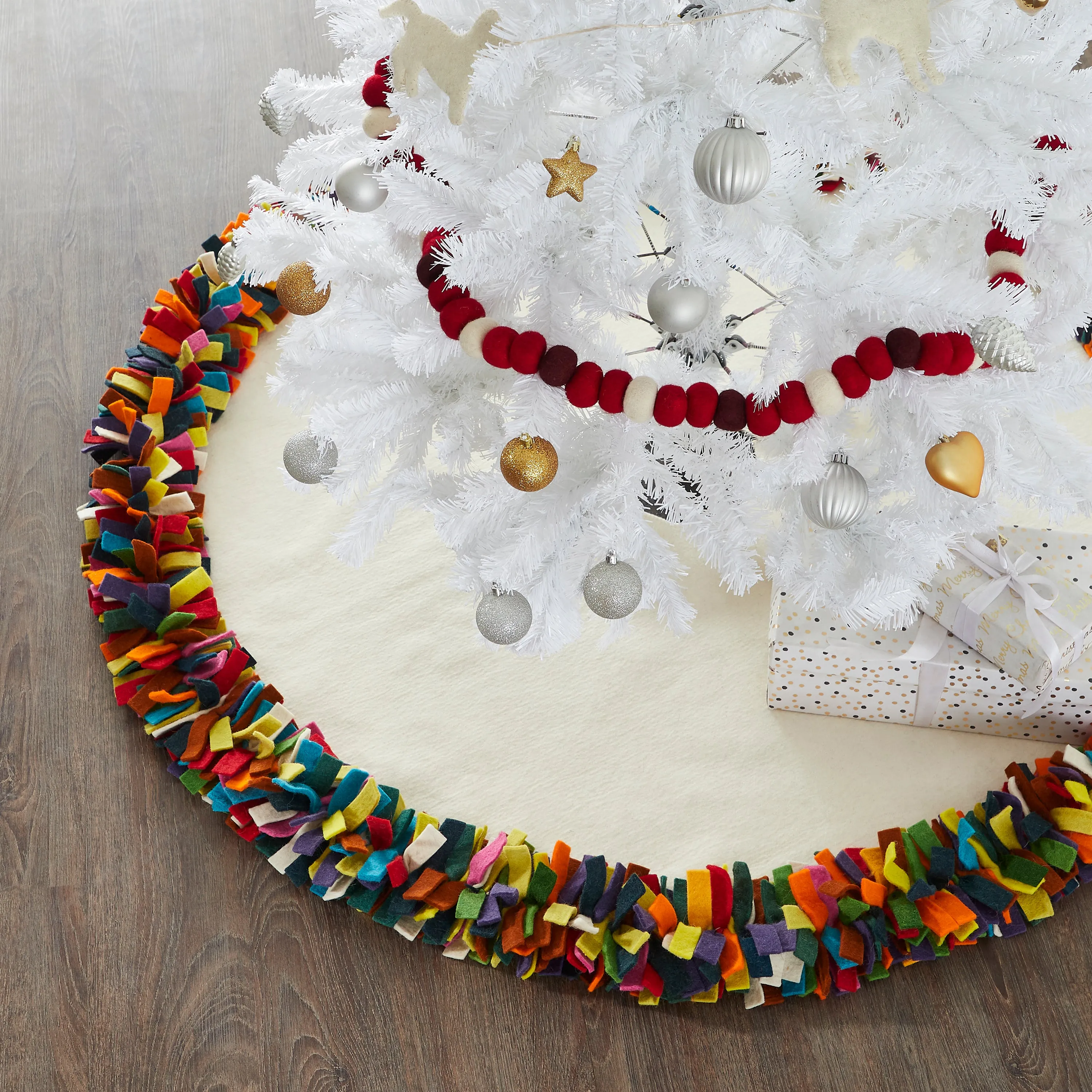 Handmade Felt Christmas Tree Skirt - Multicolor Fringe Border on Cream - 51"/64"