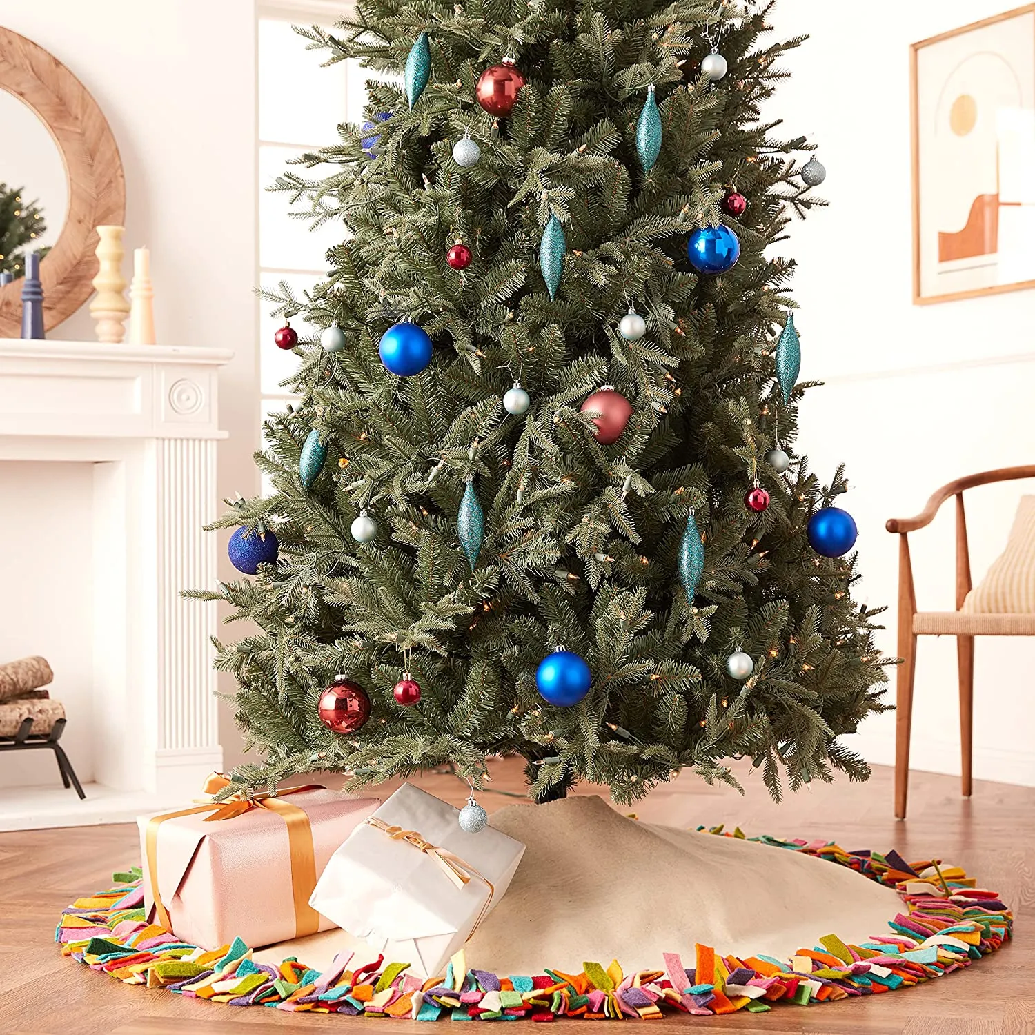 Handmade Felt Christmas Tree Skirt - Multicolor Fringe Border On Cream - 64"