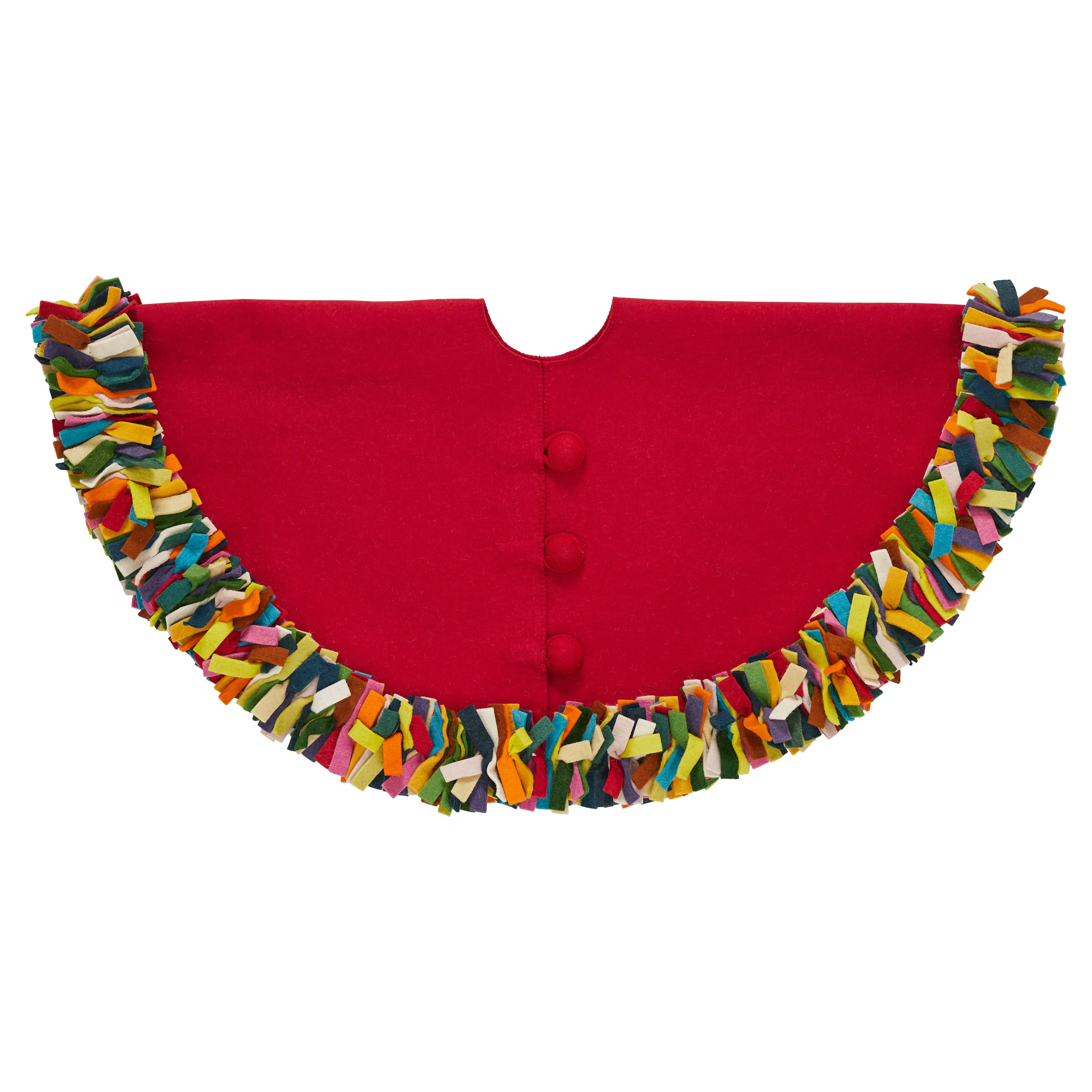 Handmade Felt Wool Christmas Tree Skirt - Multicolor Fringe Border on Red - 51"