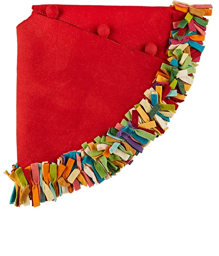 Handmade Felt Wool Christmas Tree Skirt - Multicolor Fringe Border on Red - 51"