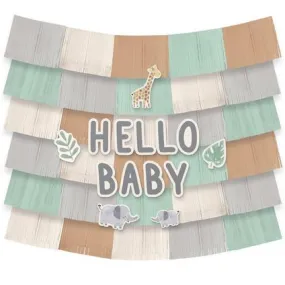 Hello Baby Jungle Fringe Banner Backdrop w/Cutouts, 5ft x 4.8ft | 5pcs