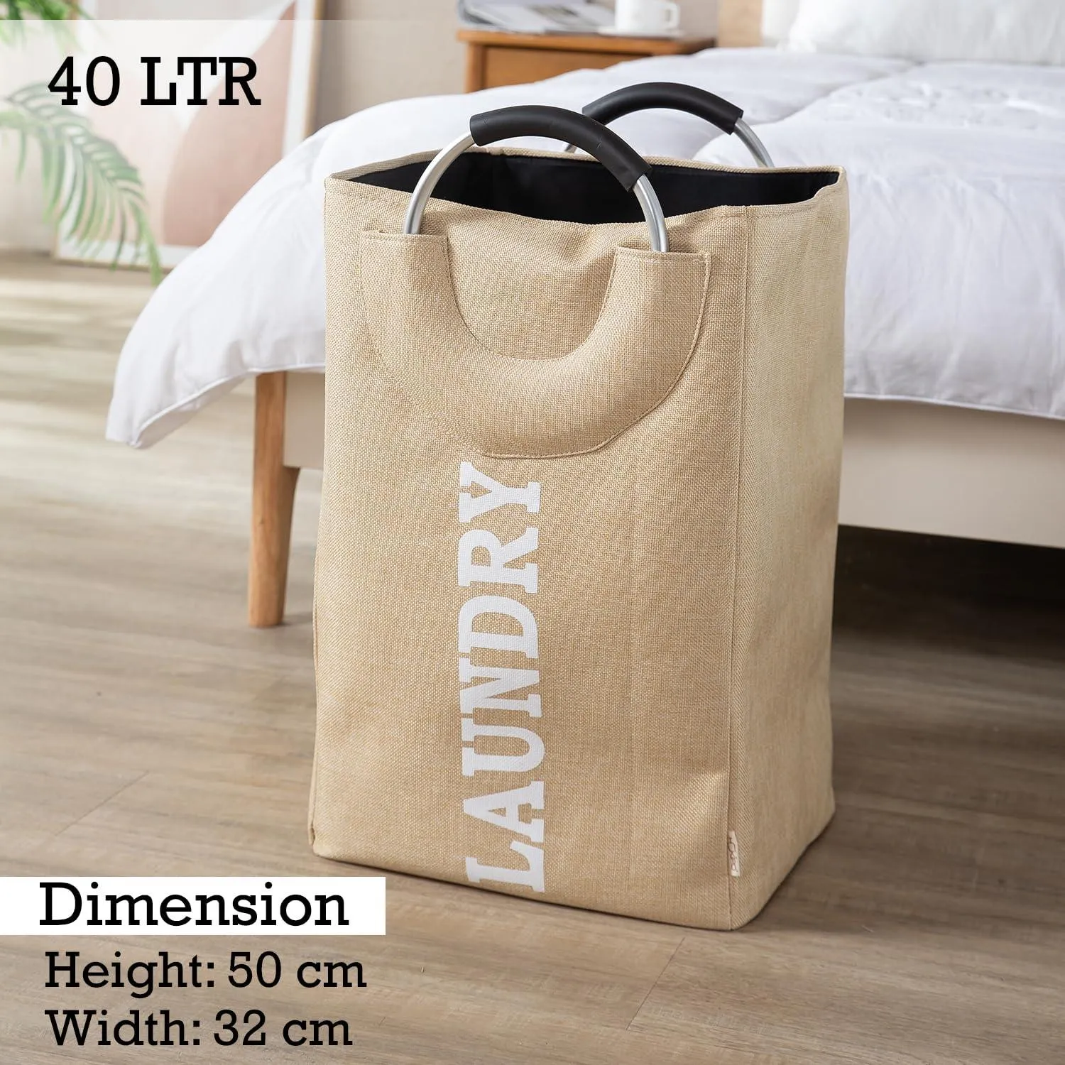 HOKIPO Foldable Laundry Bag with Handles, 40L - Beige