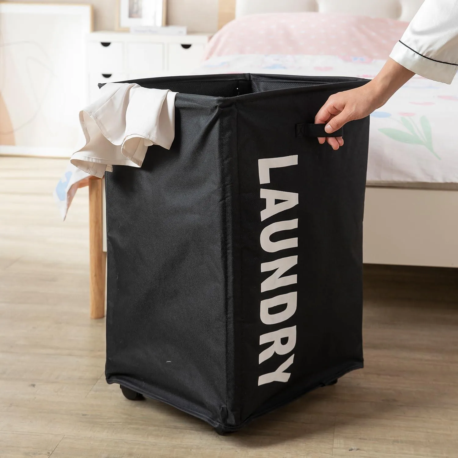 HOKIPO Foldable Laundry Hamper with Wheels, Black