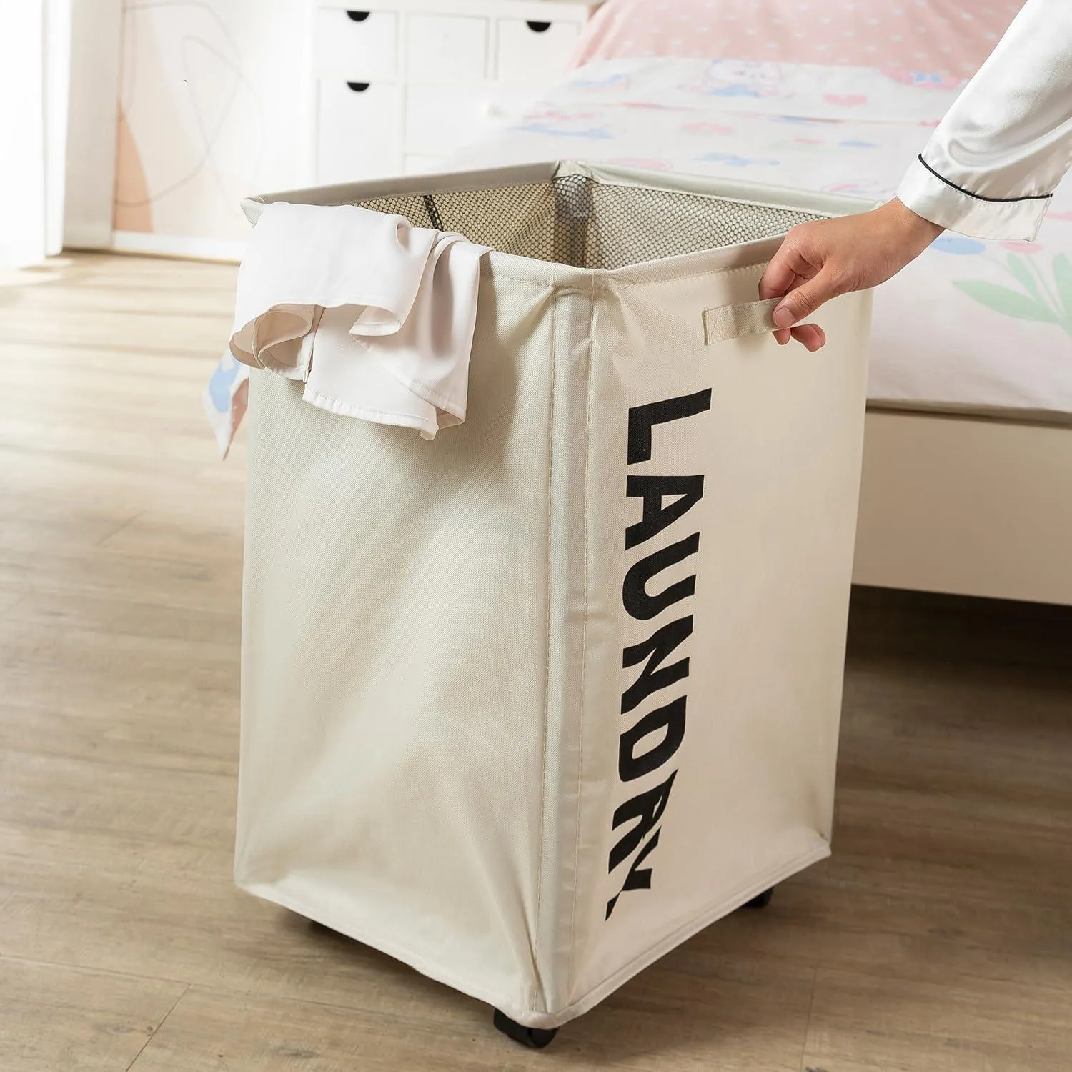 HOKIPO Foldable Laundry Hamper with Wheels, Cream